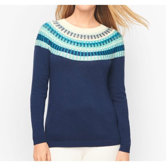 Talbots‎ Rib Yoke Crewneck Pullover Sweater Blue Cream Cotton Blend Small - Picture 1 of 9